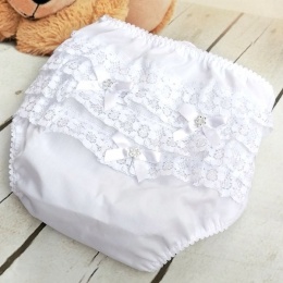 Baby Girls White Diamante Bow Frilly Lace Knickers